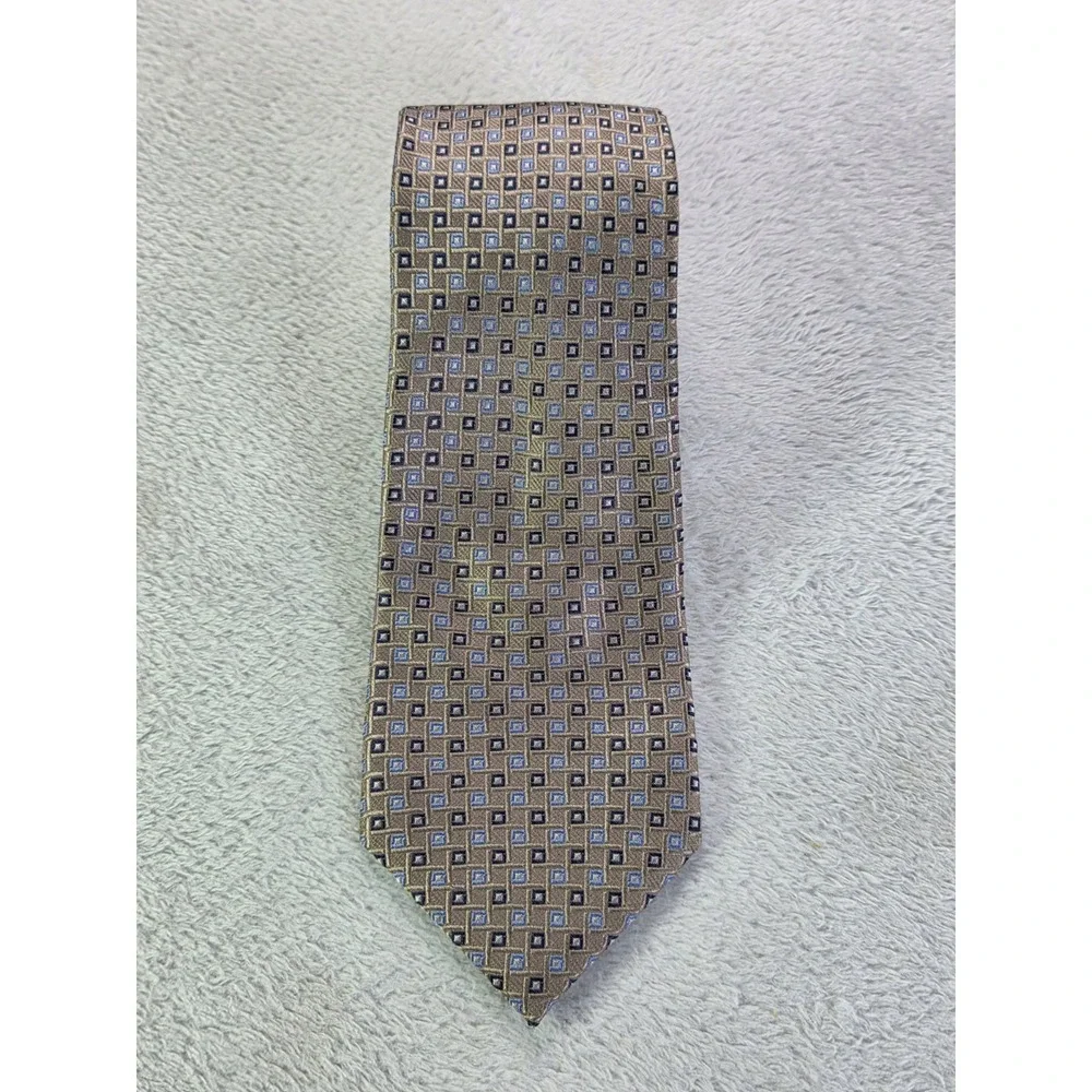 Nautica Silk Tie Tan Blue Geometric Square Pattern Classic Business Mens Necktie